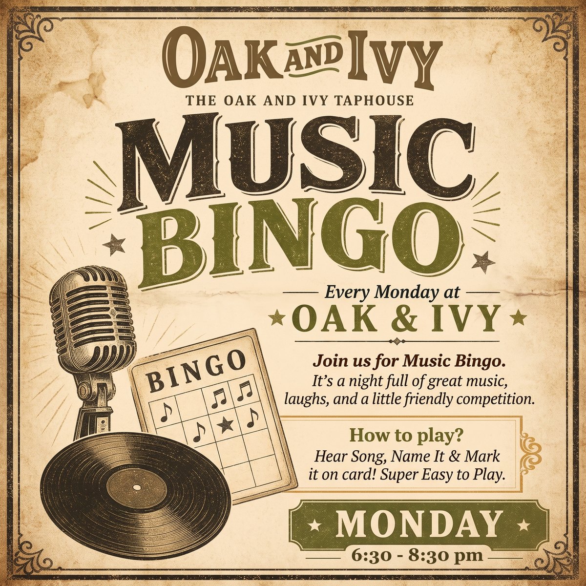 Music Bingo poster for The Oak and Ivy Taphouse in Smithfield, hosted by Ryan Caterbone every Monday