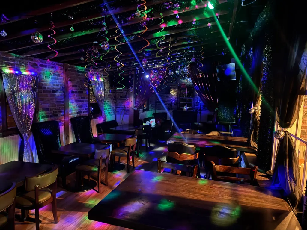 Murder Mystery Dinner setup with string lights and disco balls