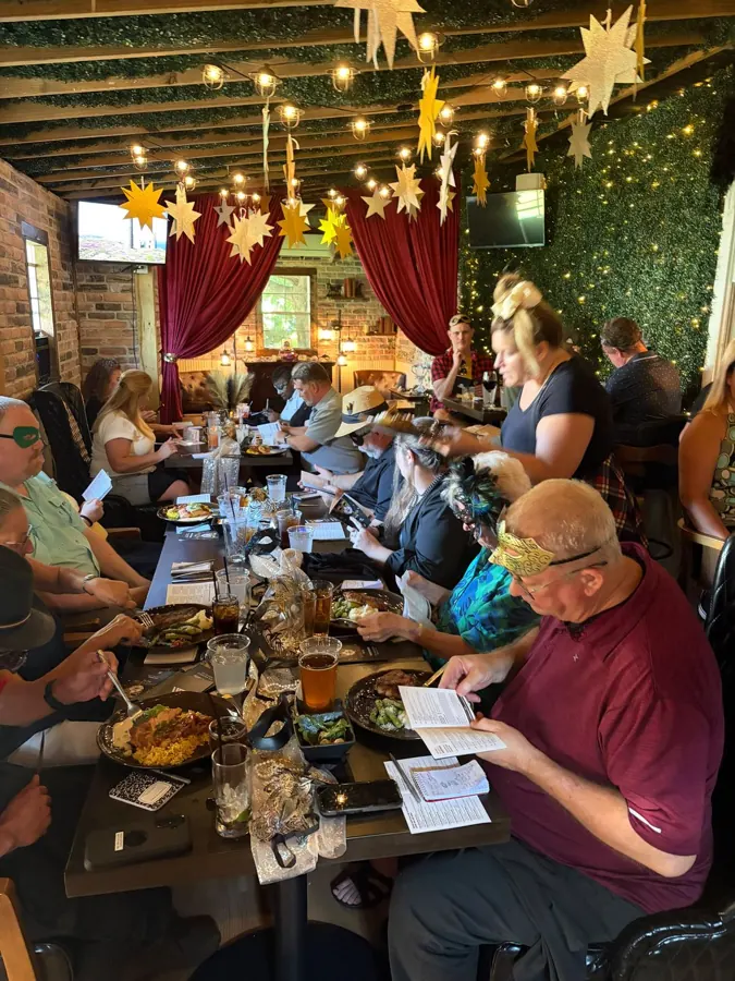 Guests in masquerade masks solving the case at a Murder Mystery Dinner