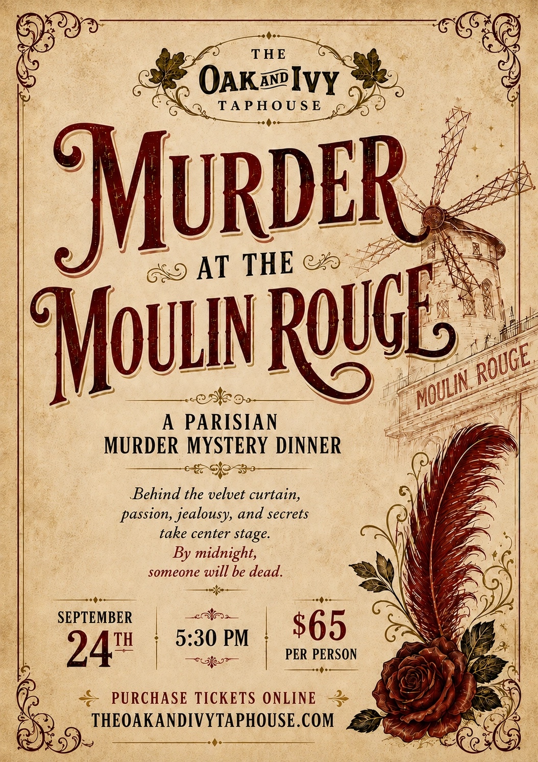 Murder at the Moulin Rouge poster — a Parisian Murder Mystery Dinner at The Oak and Ivy Taphouse, Thursday September 24 at 5:30 PM, 65 dollars per person