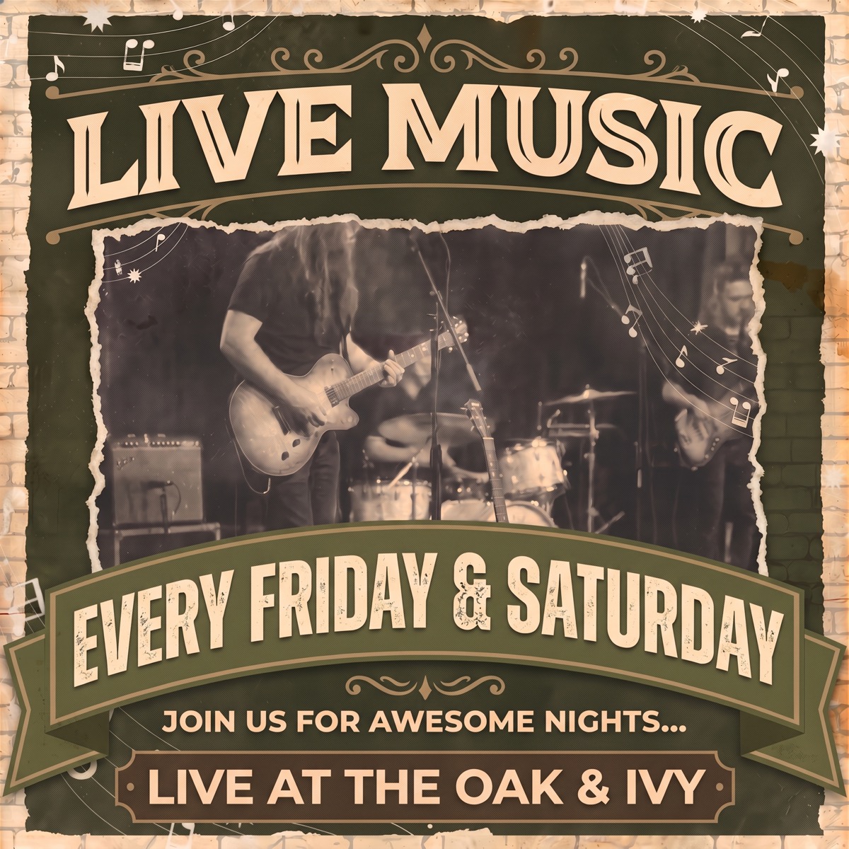 Live Music poster for The Oak and Ivy Taphouse in Smithfield, every Friday and Saturday