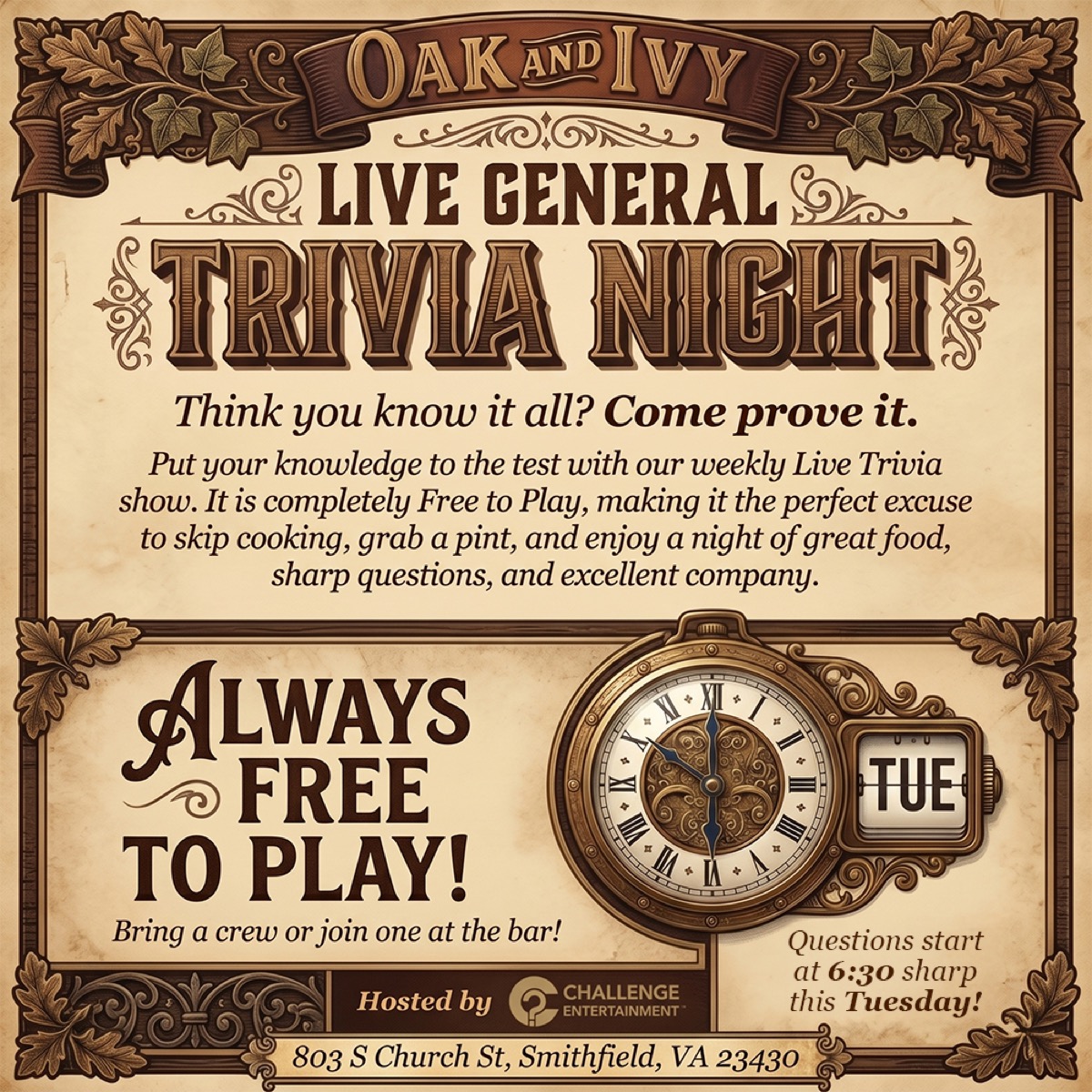 Live General Trivia Night poster for The Oak and Ivy Taphouse in Smithfield, always free to play every Tuesday